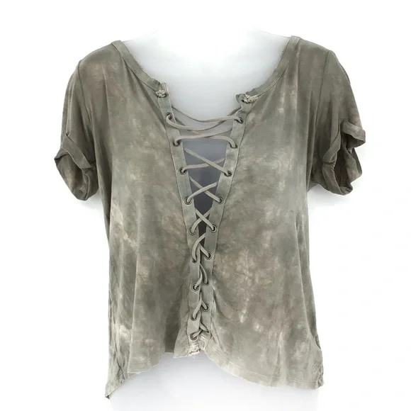 American Eagle Soft & Sexy High Low Lace Up Top Camo green - Picture 2 of 8